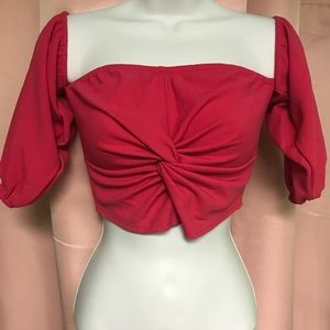 PrettyLittleThing fuchsia pink bardot balloon sleeves crop top